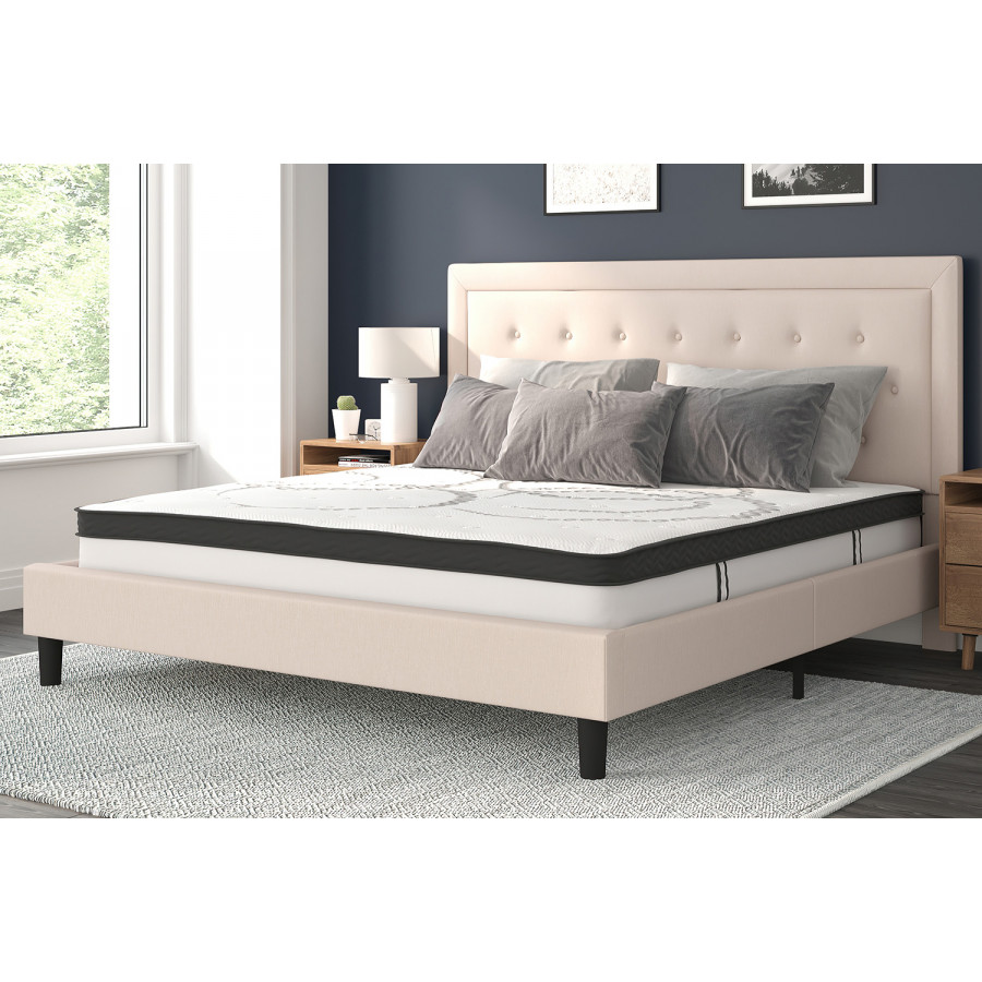 BLNK Roxbury Tufted Upholstered Platform Bed with 10" CertiPUR-US Certified Pocket Spring Mattress - Beige, King Size