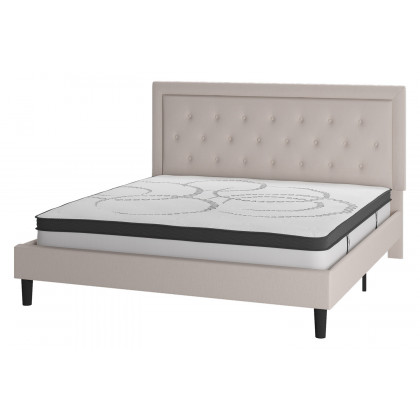 BLNK Roxbury Tufted Upholstered Platform Bed with 10" CertiPUR-US Certified Pocket Spring Mattress - Beige, King Size