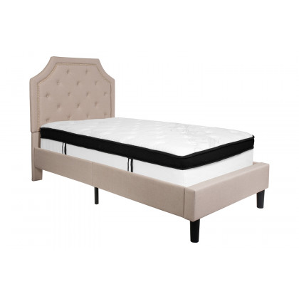 BLNK Brighton Tufted Upholstered Platform Bed with Memory Foam Mattress - Beige, Twin Size