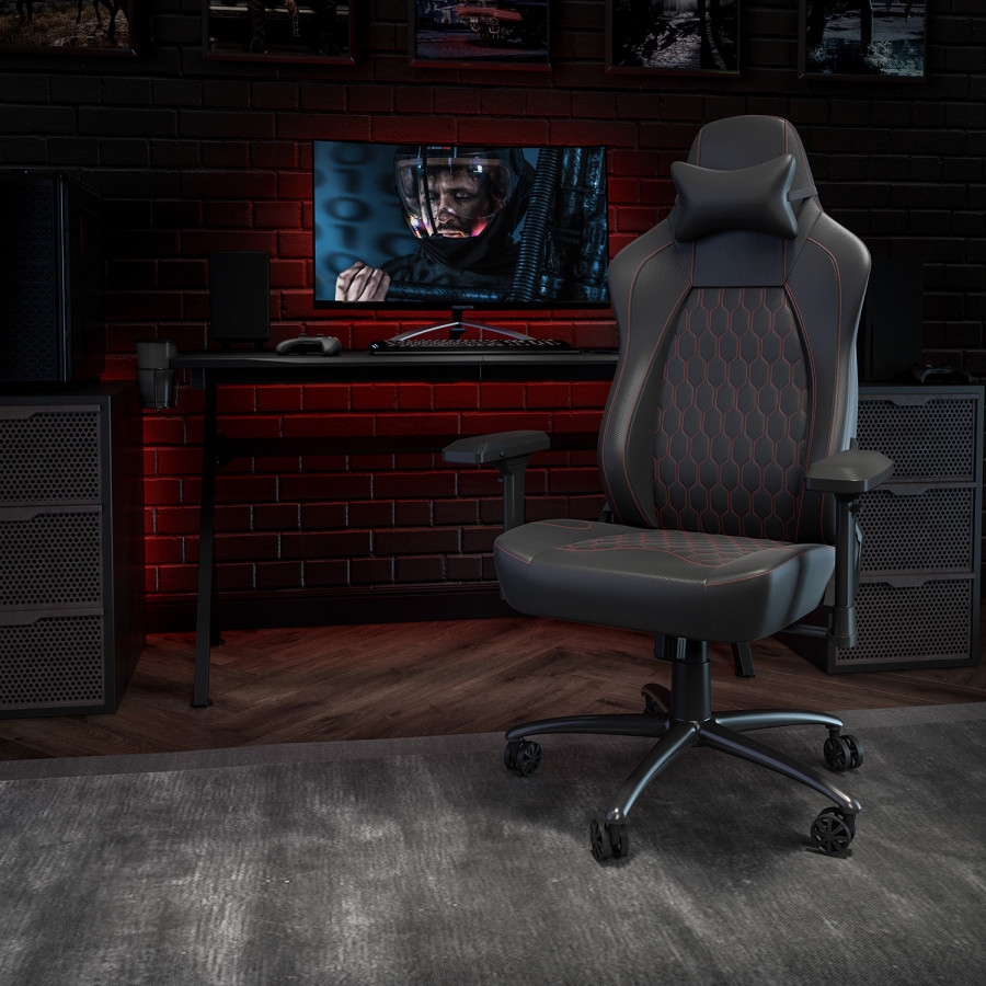 BLNK Falco Ergonomic Black High-Back Adjustable Gaming Chair with 4D Armrests, Headrest Pillow, and Adjustable Lumbar Support - with Red Stitching