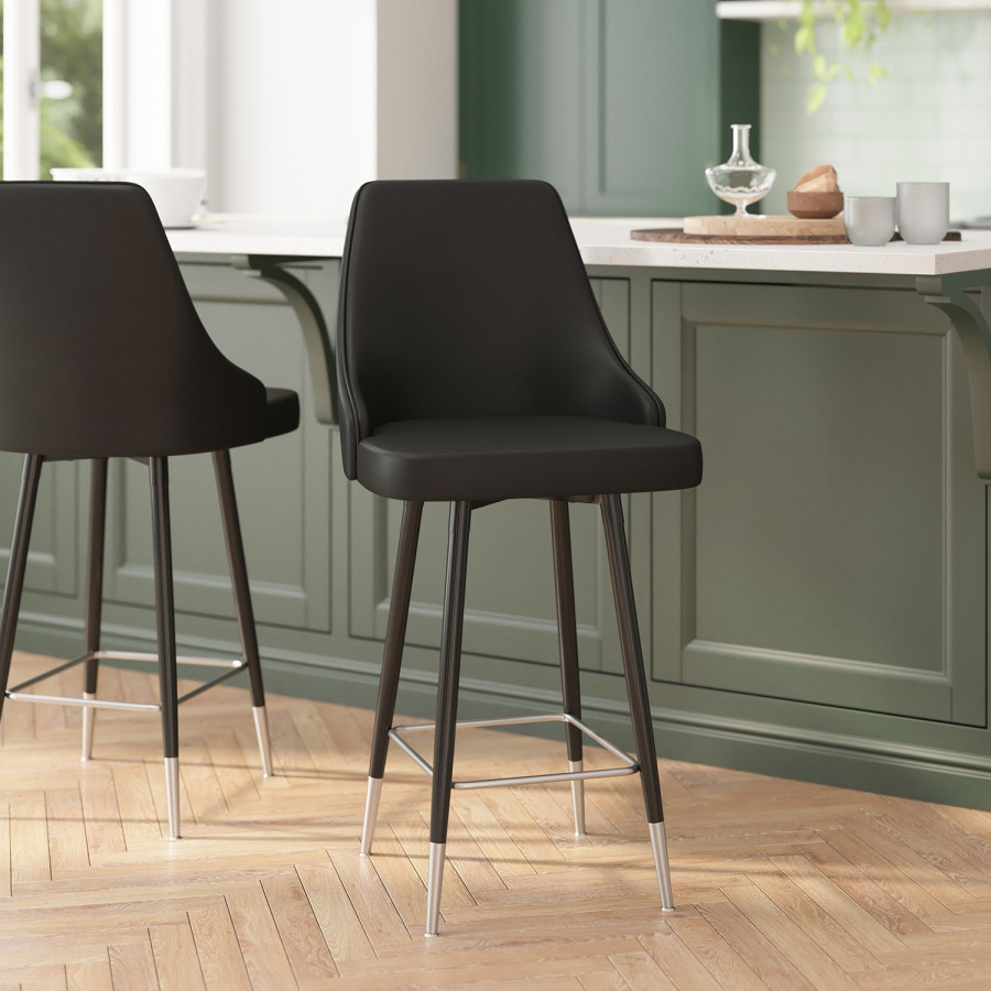 BLNK - Shelly Commercial LeatherSoft Counter Height Bar Stools with Solid Black Frames and Chrome Accented Feet and Footrests Set of 2