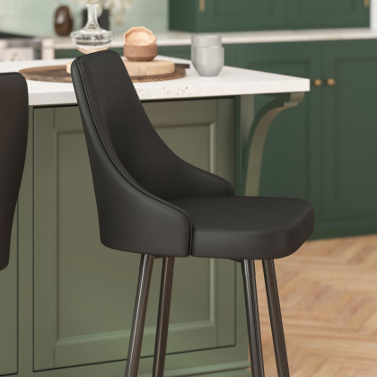 BLNK Shelly Commercial LeatherSoft Counter Height Bar Stools with Solid Black Frames and Chrome Accented Feet and Footrests Set of 2 - Black