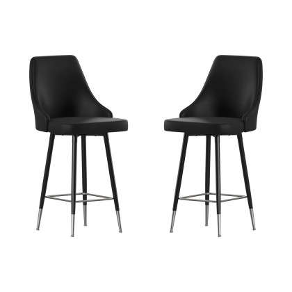 BLNK Shelly Commercial LeatherSoft Counter Height Bar Stools with Solid Black Frames and Chrome Accented Feet and Footrests Set of 2 - Black