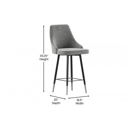 BLNK Shelly Commercial LeatherSoft Counter Height Bar Stools with Solid Black Frames and Chrome Accented Feet and Footrests Set of 2 - Gray