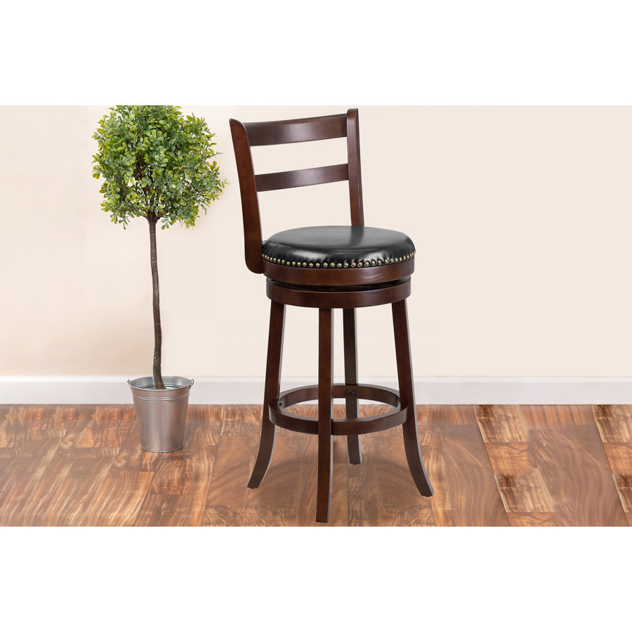 BLNK - Becca Cappuccino Wood Bar Stool with Single Slat Ladder Back and Black Swivel Seat
