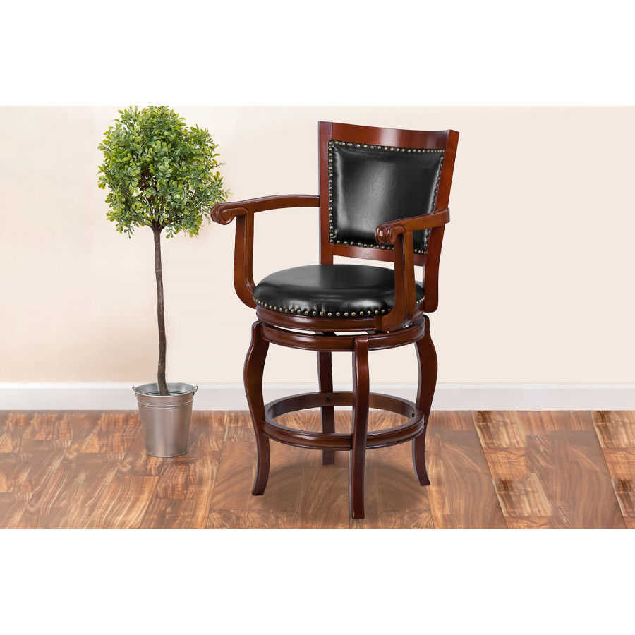 BLNK - Vestina Cherry Wood Counter Height Stool with Arms, Panel Back and Black Swivel Seat