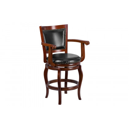 BLNK - Vestina Cherry Wood Counter Height Stool with Arms, Panel Back and Black Swivel Seat