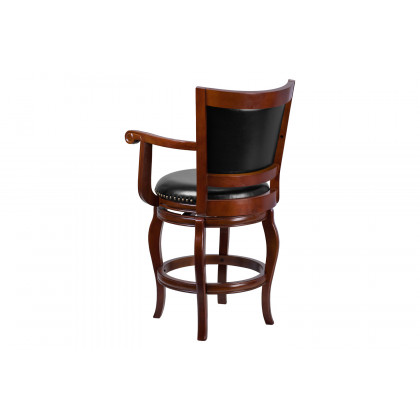 BLNK - Vestina Cherry Wood Counter Height Stool with Arms, Panel Back and Black Swivel Seat