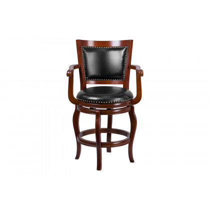 BLNK - Vestina Cherry Wood Counter Height Stool with Arms, Panel Back and Black Swivel Seat
