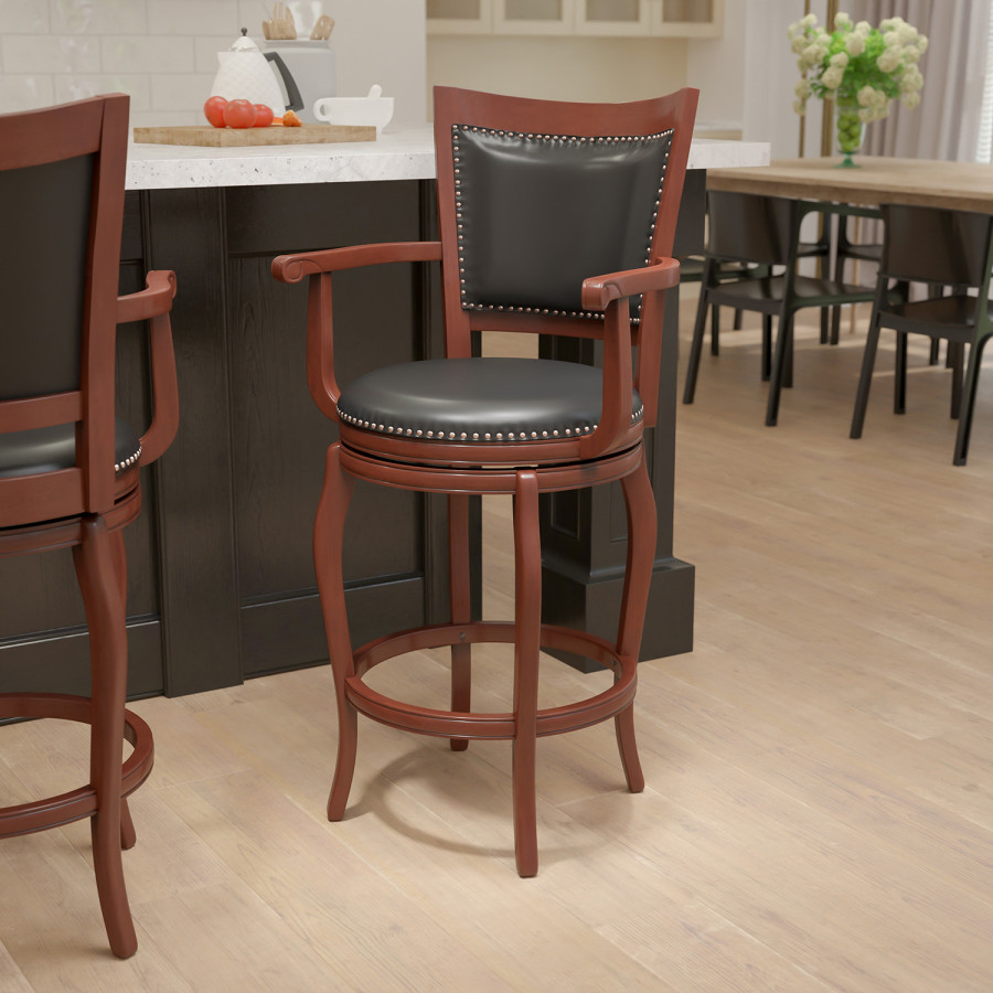 BLNK - Vestina Cherry Wood Bar Stool with Arms, Panel Back and Black Swivel Seat