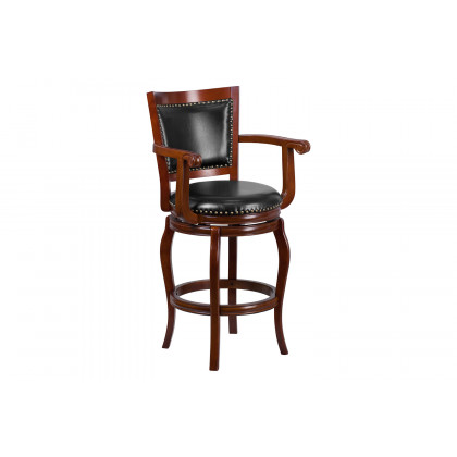 BLNK - Vestina Cherry Wood Bar Stool with Arms, Panel Back and Black Swivel Seat