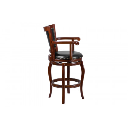 BLNK - Vestina Cherry Wood Bar Stool with Arms, Panel Back and Black Swivel Seat