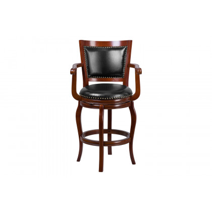 BLNK - Vestina Cherry Wood Bar Stool with Arms, Panel Back and Black Swivel Seat