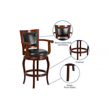 BLNK - Vestina Cherry Wood Bar Stool with Arms, Panel Back and Black Swivel Seat