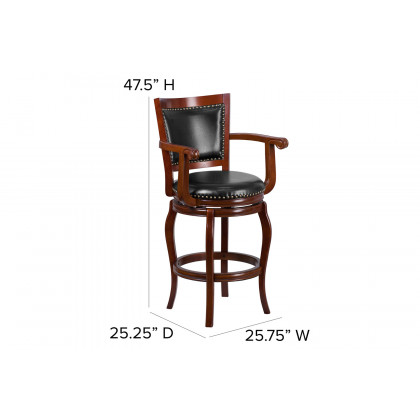 BLNK - Vestina Cherry Wood Bar Stool with Arms, Panel Back and Black Swivel Seat