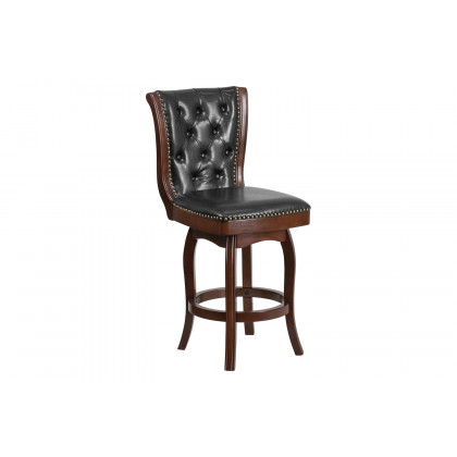BLNK - Wood Counter Height Stool with Button Tufted Back and Black Swivel Seat