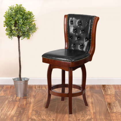 BLNK - Wood Counter Height Stool with Button Tufted Back and Black Swivel Seat