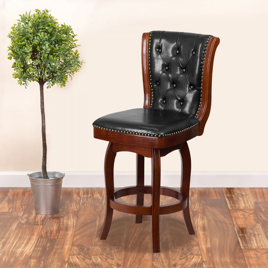 BLNK Wood Counter Height Stool with Button Tufted Back and Black Swivel Seat - Cherry