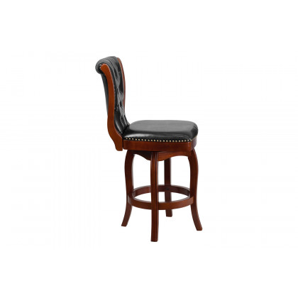 BLNK Wood Counter Height Stool with Button Tufted Back and Black Swivel Seat - Cherry