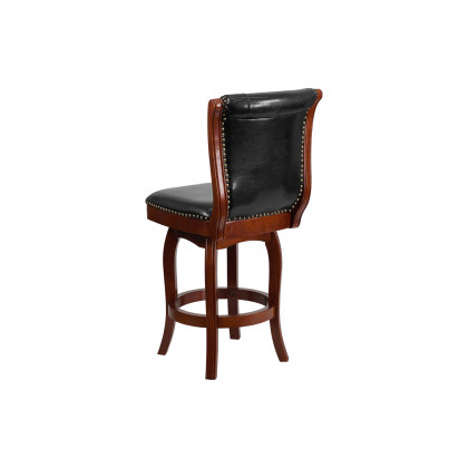 BLNK Wood Counter Height Stool with Button Tufted Back and Black Swivel Seat - Cherry