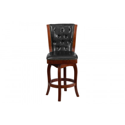 BLNK Wood Counter Height Stool with Button Tufted Back and Black Swivel Seat - Cherry