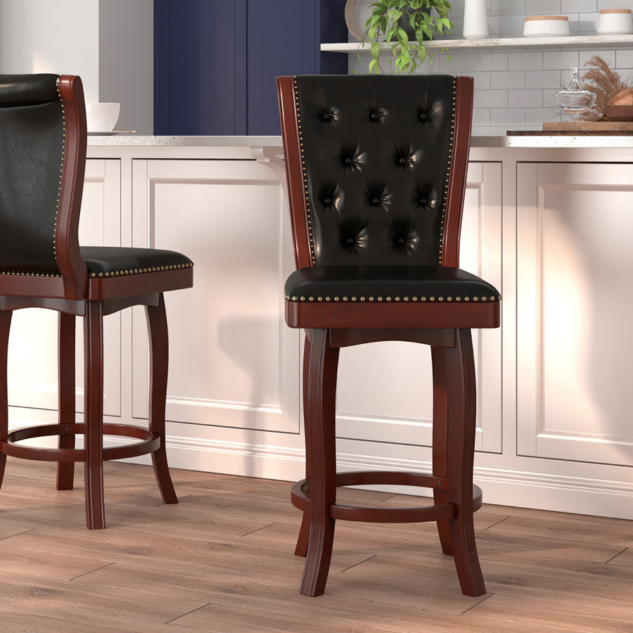 BLNK - Ellison Wood Bar Stool with Button Tufted Back and Black Swivel Seat