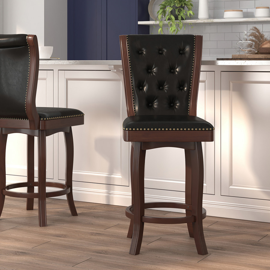 BLNK Ellison Wood Bar Stool with Button Tufted Back and Black Swivel Seat - Cherry