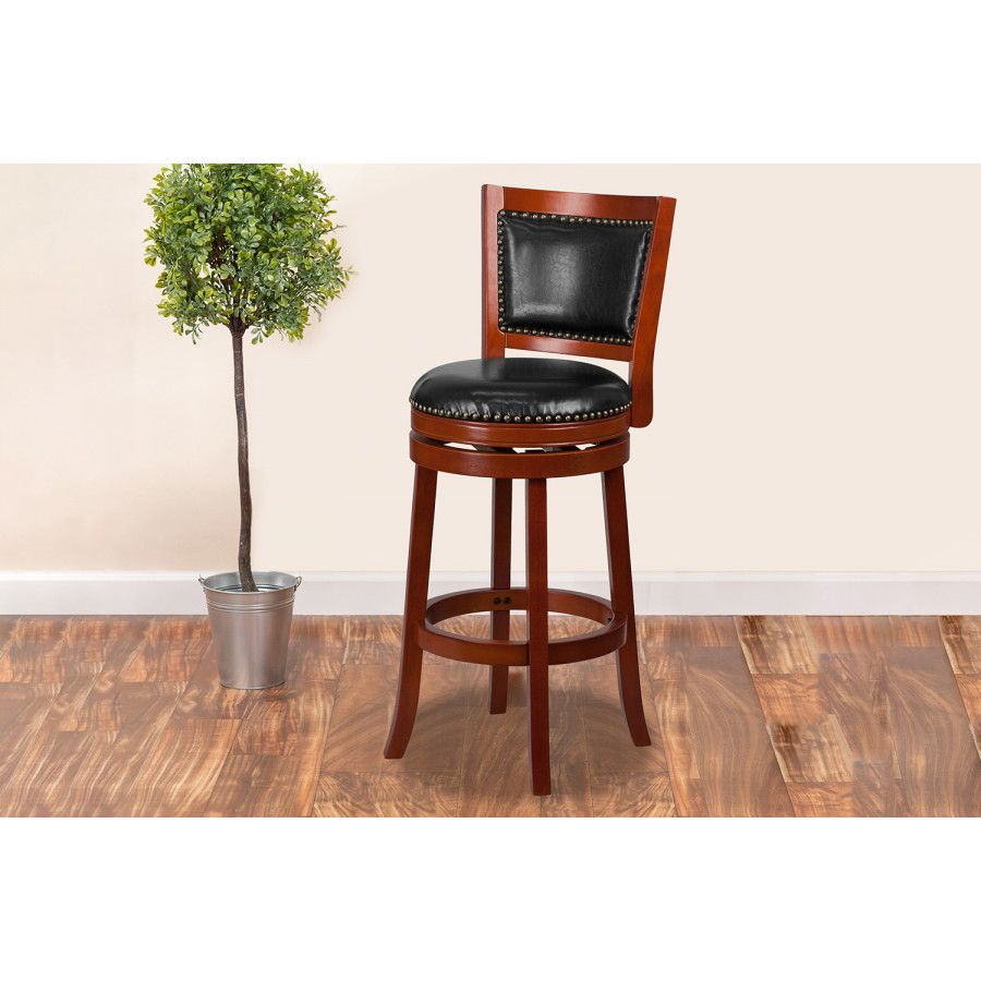BLNK - Ebert Dark Cherry Wood Bar Stool with Open Panel Back and Walnut Swivel Seat