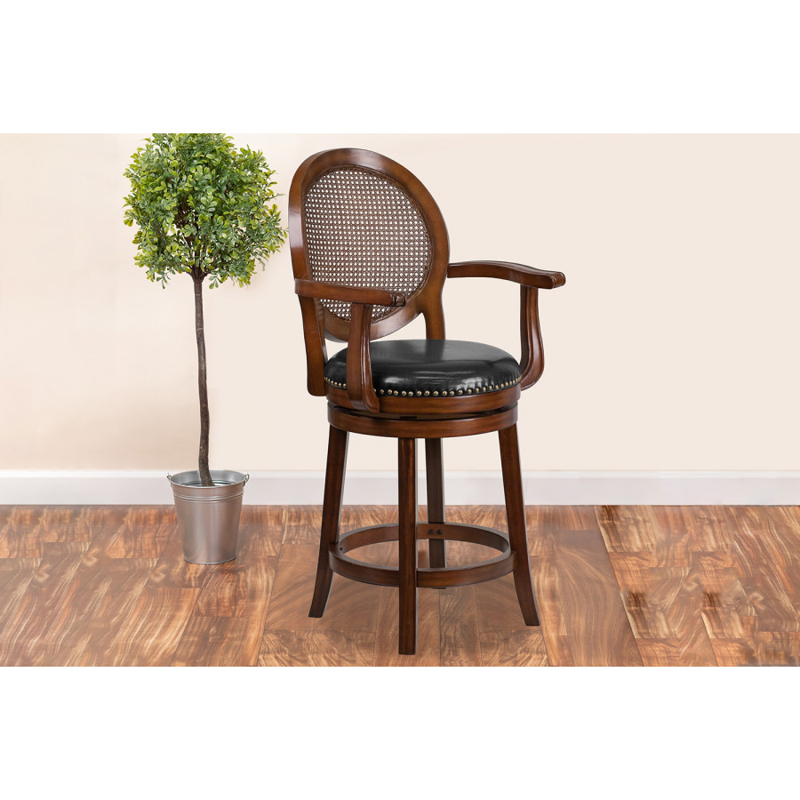 BLNK - Victor Expresso Wood Counter Height Stool with Arms, Woven Rattan Back and Black Swivel Seat