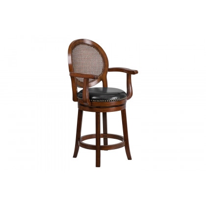 BLNK - Victor Expresso Wood Counter Height Stool with Arms, Woven Rattan Back and Black Swivel Seat