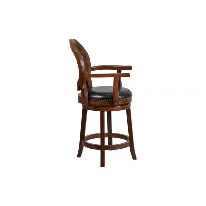 BLNK - Victor Expresso Wood Counter Height Stool with Arms, Woven Rattan Back and Black Swivel Seat