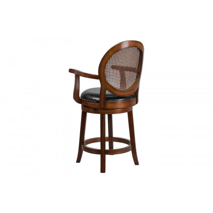 BLNK - Victor Expresso Wood Counter Height Stool with Arms, Woven Rattan Back and Black Swivel Seat