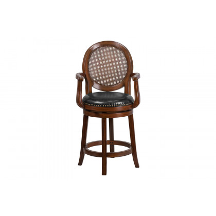 BLNK - Victor Expresso Wood Counter Height Stool with Arms, Woven Rattan Back and Black Swivel Seat