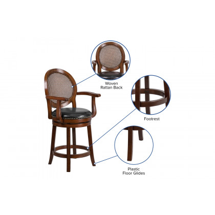 BLNK - Victor Expresso Wood Counter Height Stool with Arms, Woven Rattan Back and Black Swivel Seat