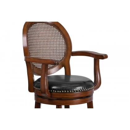 BLNK - Victor Expresso Wood Counter Height Stool with Arms, Woven Rattan Back and Black Swivel Seat