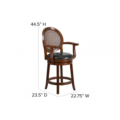 BLNK - Victor Expresso Wood Counter Height Stool with Arms, Woven Rattan Back and Black Swivel Seat