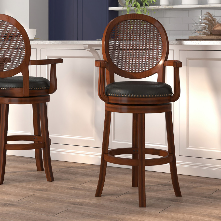 BLNK - Victor Expresso Wood Bar Stool with Arms, Woven Rattan Back and Black Swivel Seat