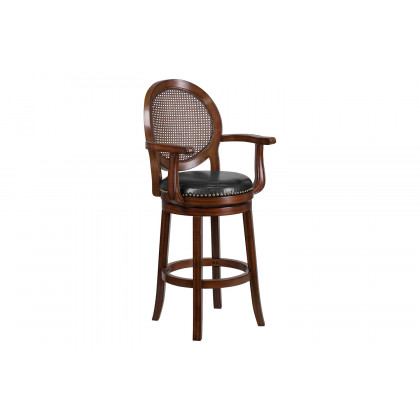 BLNK - Victor Expresso Wood Bar Stool with Arms, Woven Rattan Back and Black Swivel Seat