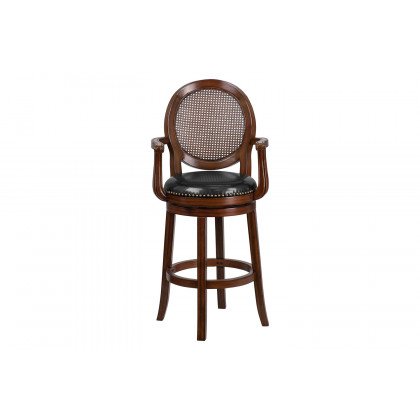 BLNK - Victor Expresso Wood Bar Stool with Arms, Woven Rattan Back and Black Swivel Seat