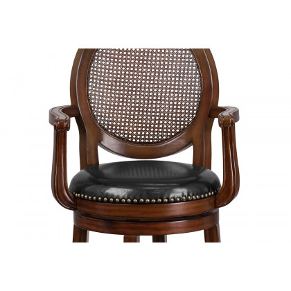 BLNK - Victor Expresso Wood Bar Stool with Arms, Woven Rattan Back and Black Swivel Seat