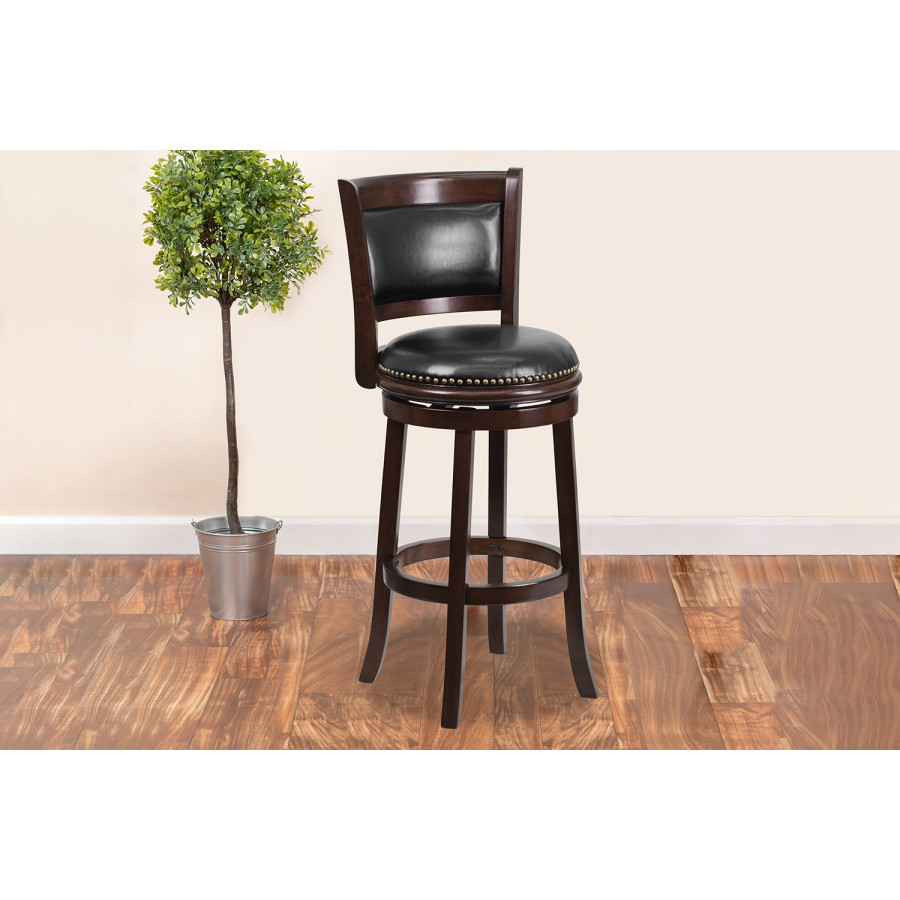 BLNK - Mark Cappuccino Wood Bar Stool with Panel Back and Black Swivel Seat