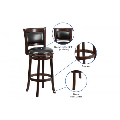 BLNK - Mark Cappuccino Wood Bar Stool with Panel Back and Black Swivel Seat