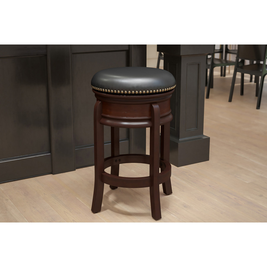 BLNK - Carol LeatherSoft Backless Cappuccino Wood Counter Height Stool with Carved Apron and Swivel Seat
