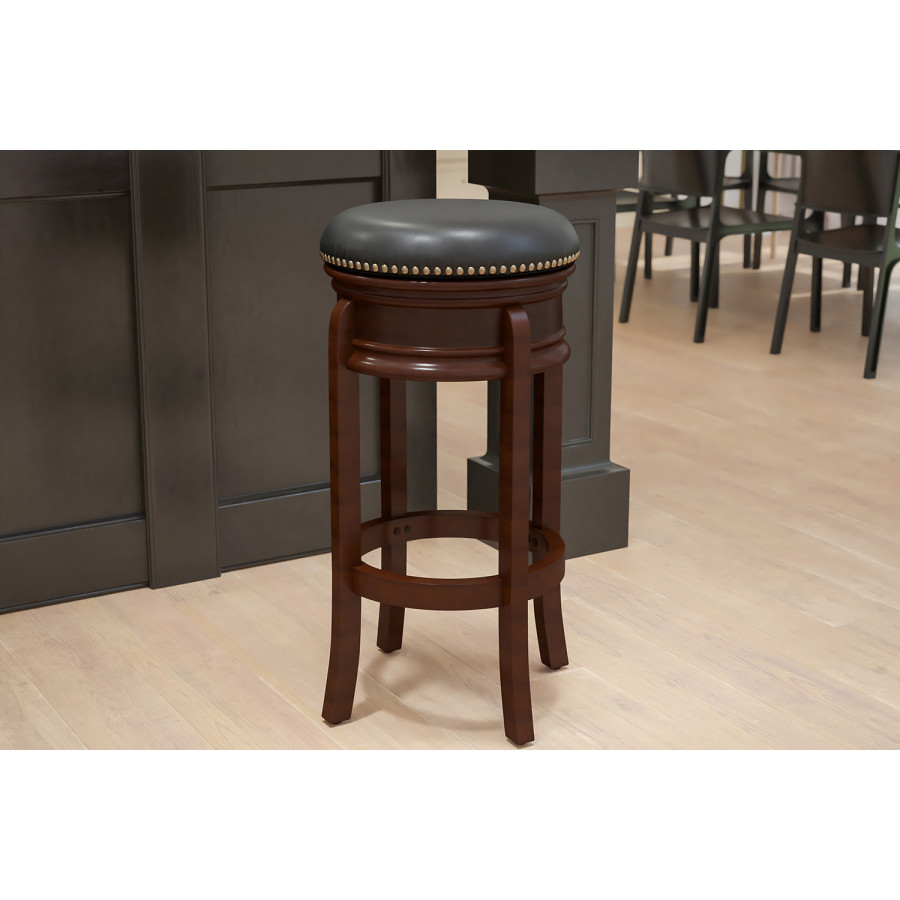 BLNK Carol Backless Wood Bar Stool with Carved Apron and Black Swivel Seat - Cappuccino