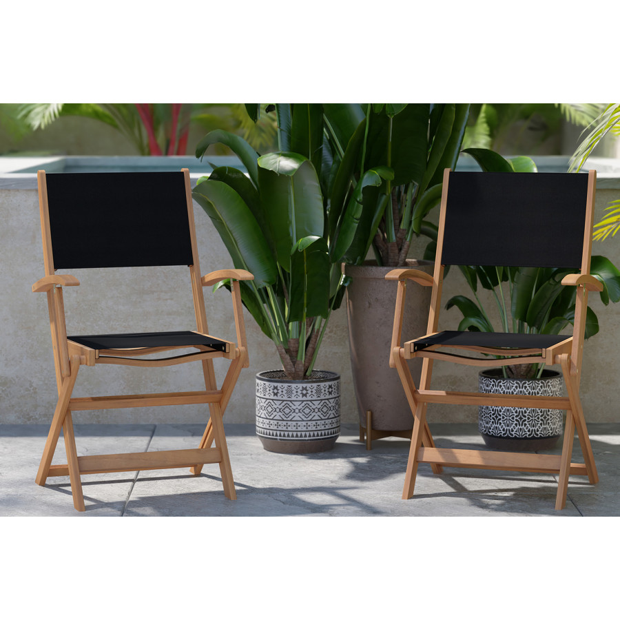 BLNK - Martindale Indoor-Outdoor Folding Acacia Wood Patio Bistro Chairs with Natural X Base Frame with Arms and Black Textilene Back and Seat Set of 2