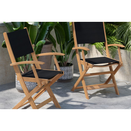 BLNK - Martindale Indoor-Outdoor Folding Acacia Wood Patio Bistro Chairs with Natural X Base Frame with Arms and Black Textilene Back and Seat Set of 2