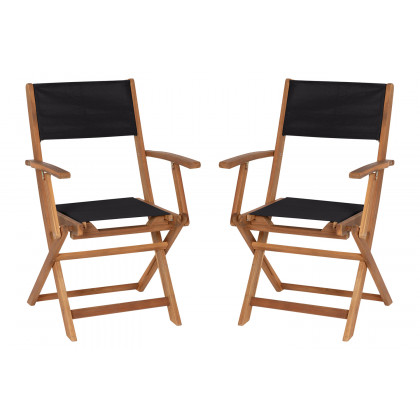 BLNK - Martindale Indoor-Outdoor Folding Acacia Wood Patio Bistro Chairs with Natural X Base Frame with Arms and Black Textilene Back and Seat Set of 2