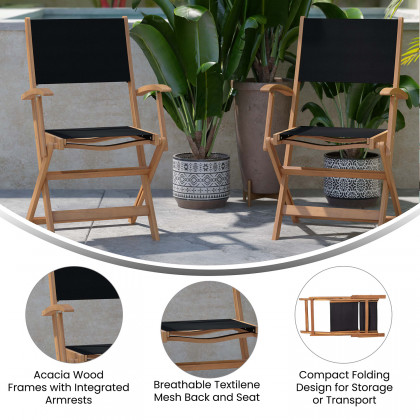 BLNK - Martindale Indoor-Outdoor Folding Acacia Wood Patio Bistro Chairs with Natural X Base Frame with Arms and Black Textilene Back and Seat Set of 2