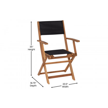 BLNK - Martindale Indoor-Outdoor Folding Acacia Wood Patio Bistro Chairs with Natural X Base Frame with Arms and Black Textilene Back and Seat Set of 2