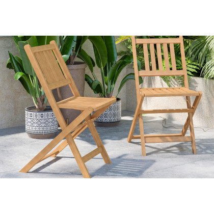 BLNK - Martindale Indoor-Outdoor Folding Acacia Wood Patio Bistro Chairs with X Base Frame and Slatted Back and Seat in Natural Finish Set of 2